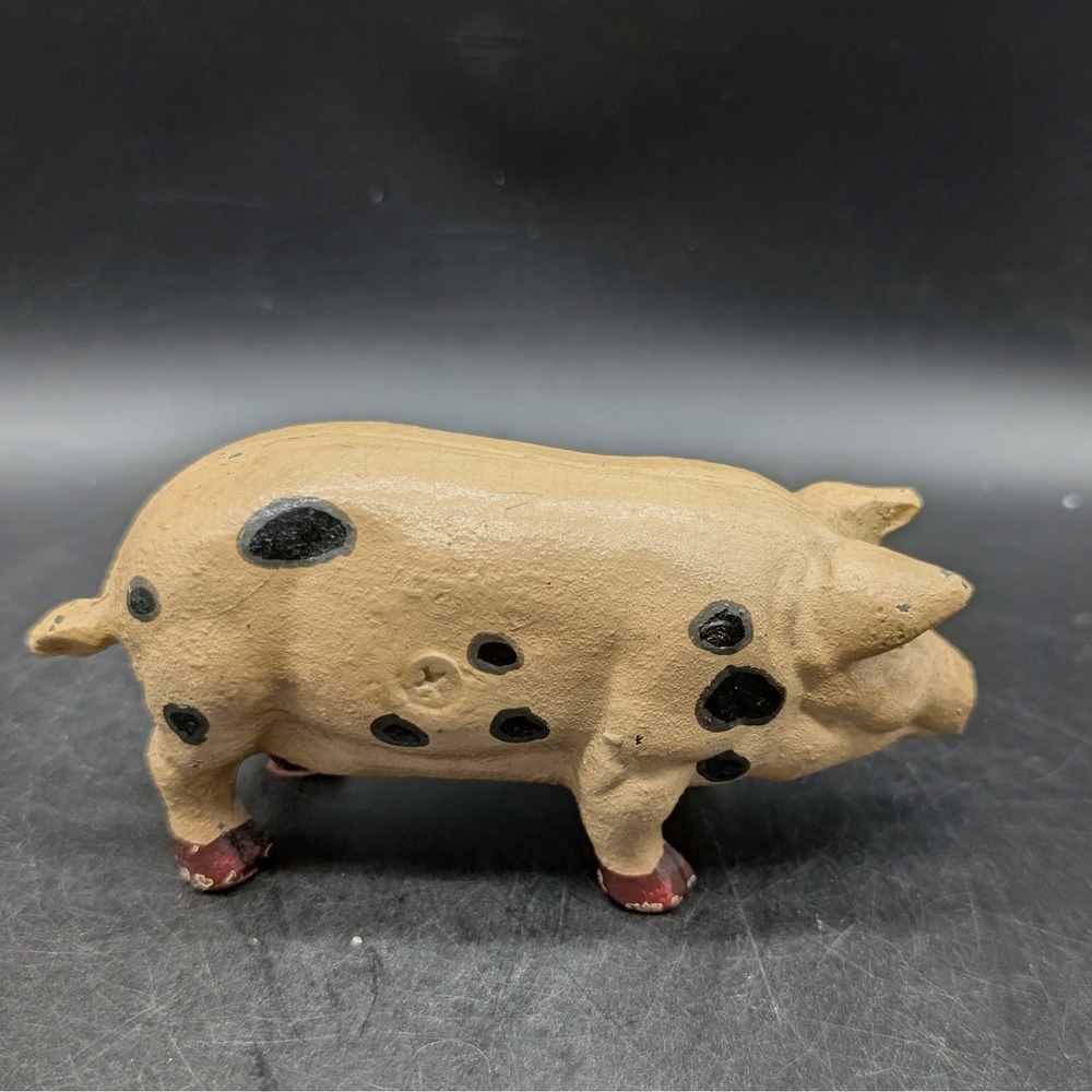Vintage Cast Iron Pig Figurine Tan with Black Spots Farmhouse Decor Rustic Heavy